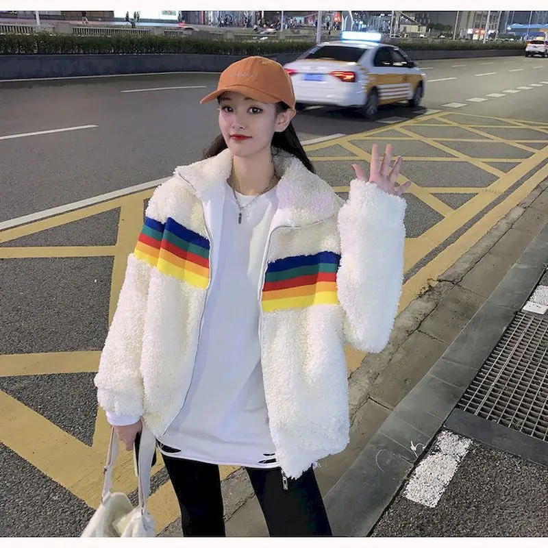 

2022 Autumn Winter Thickened Lamb Wool Coat Women Loose Coats Korean Harajuku Clothing Tops Rainbow Stripes Clothing Oversized