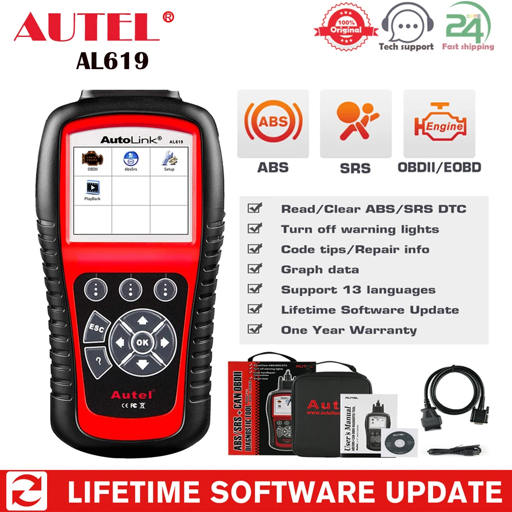 Autel AutoLink AL619 OBD2 сканер ABS SRS Инструмент для сканирования подушек безопасности