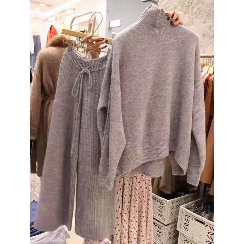 autumn winter turtleneck sweater and pullovers warm knitted 2 piece set elastic waist knit ants suit tracksuit loose | Женская одежда