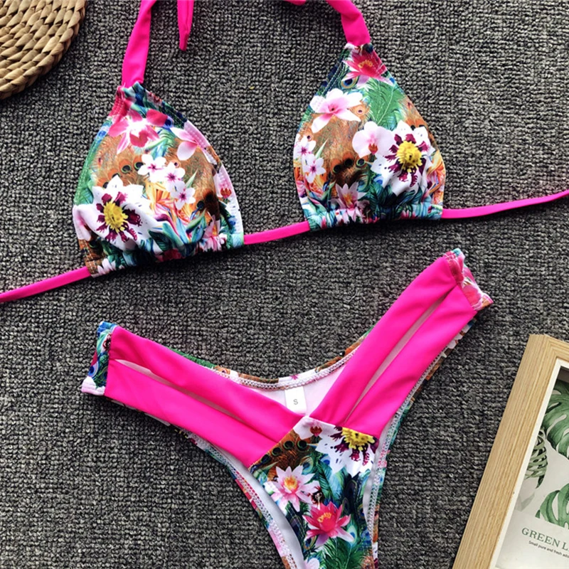 

2019 Sexy Halter Retro Floral Leoprad Print Hollow Bandage Biquini Bathing Suit Female Swimsuit High Waist Swimwear Women Bikini