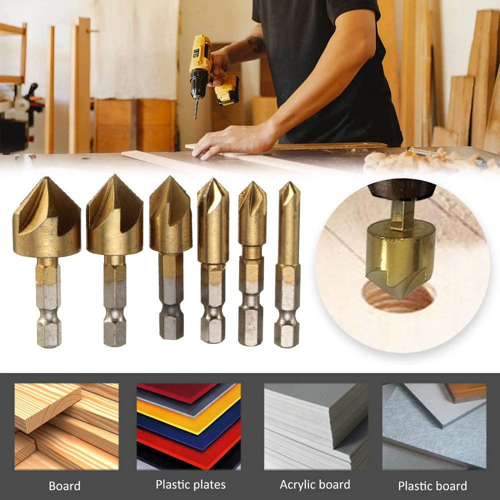 

6 Pcs Countersink Drill Bit Set 1/4'' Hex Shank HSS 5 Flute Countersink 90 Degree Wood Chamfering Cutter Chamfer 6mm-19mm