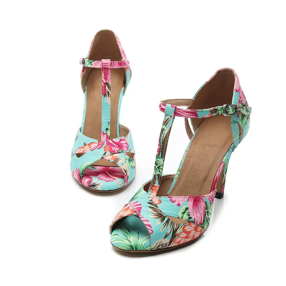 DKZSYIM Ballroom Latin Dance Shoes For Women Ladies Girls Green Printed Tango Shoes Fish mouth exposed shoes toes salsa 5-10cm