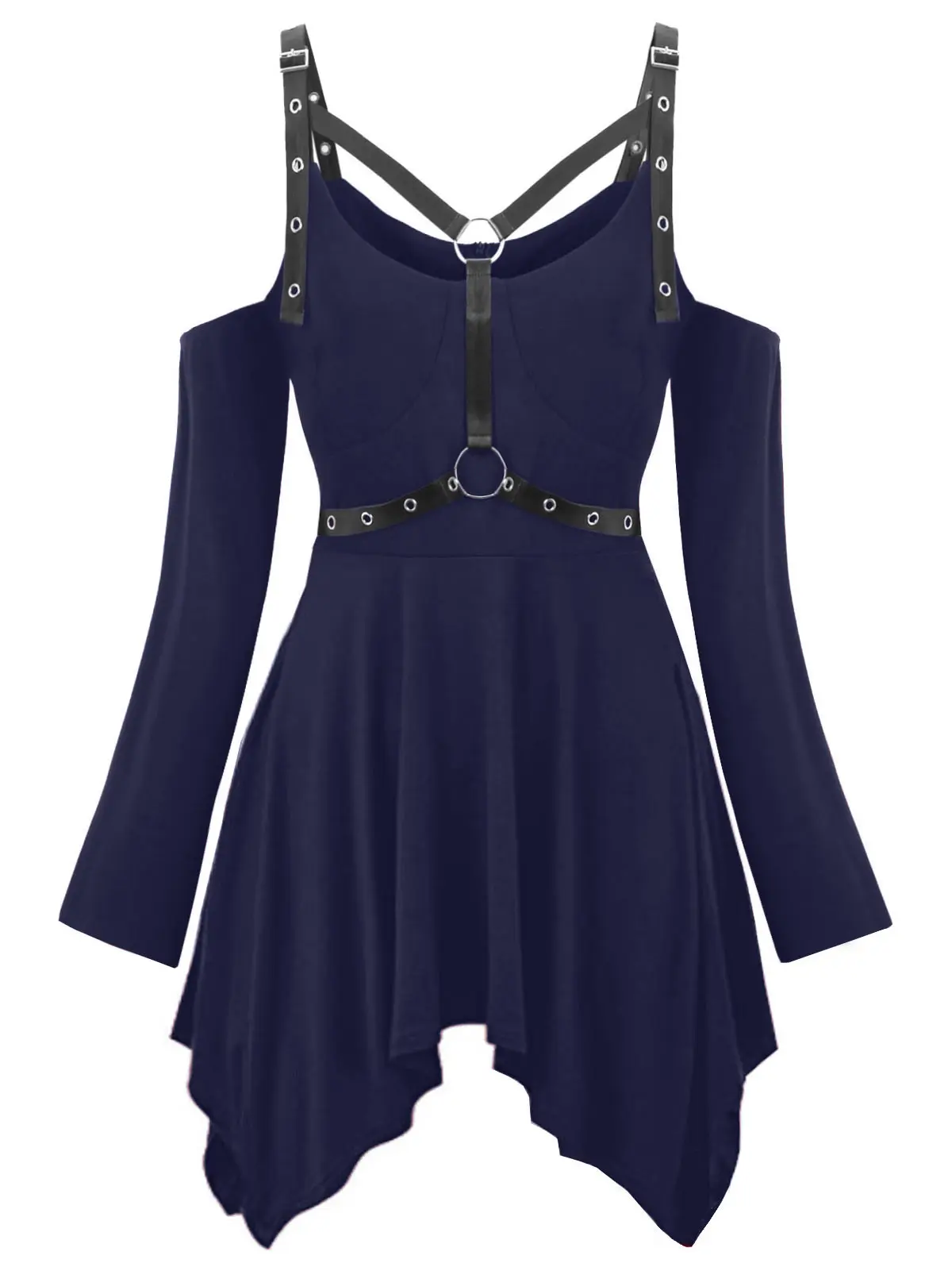 ROSEGAL Plus Size Halloween Cold Shoulder Harness Gothic T-shirt Sexy Hollow Buckle Belt Ribbon Tee Women Cut Out Punk T-Shirt | Женская