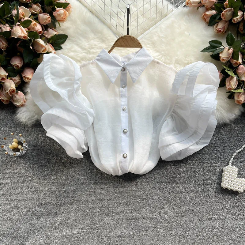 

Ruffled Sleeve Blouses Femme Summer All-Matching Solid Color Shirt Women's Shirt Ladies Tops Blusas Mujer 2021