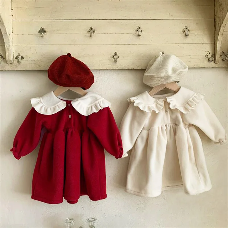 

Girls Baby Autumn And Winter Dress Lace Lapel Skirt Flower Bud Sleeve Cute Temperament Party Dress