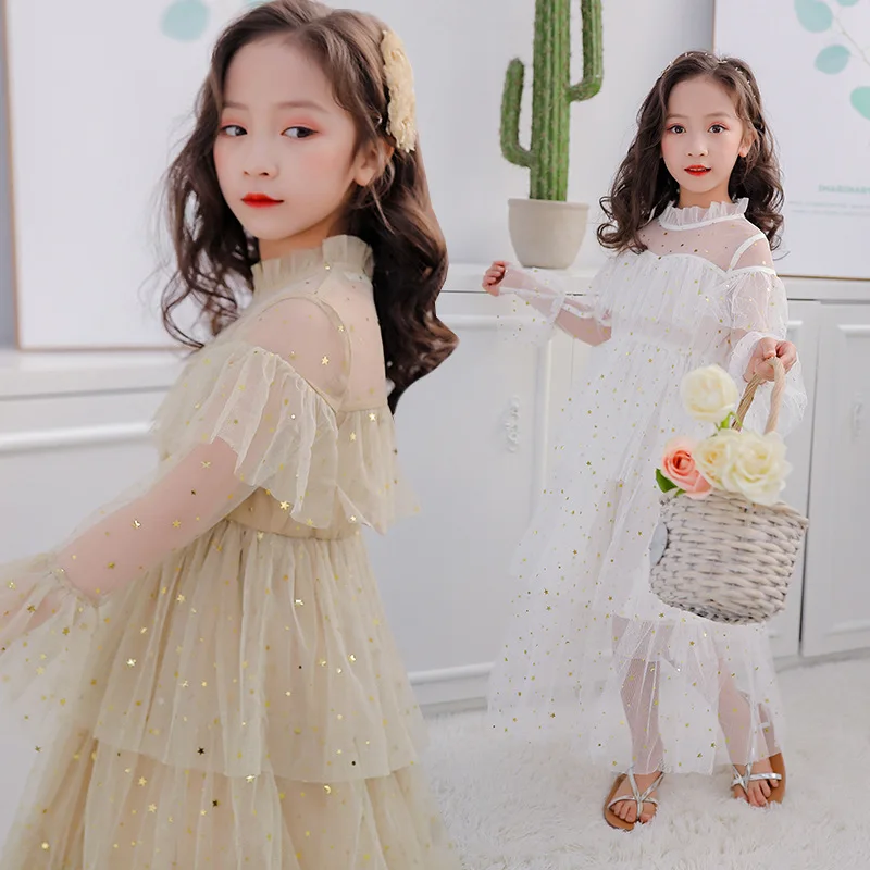 Kids Dresses for Girls Princess Dress 2021 Spring Mesh Lace Sequins Layered Children Clothes Costume 8 10 12 13 Years | Детская одежда