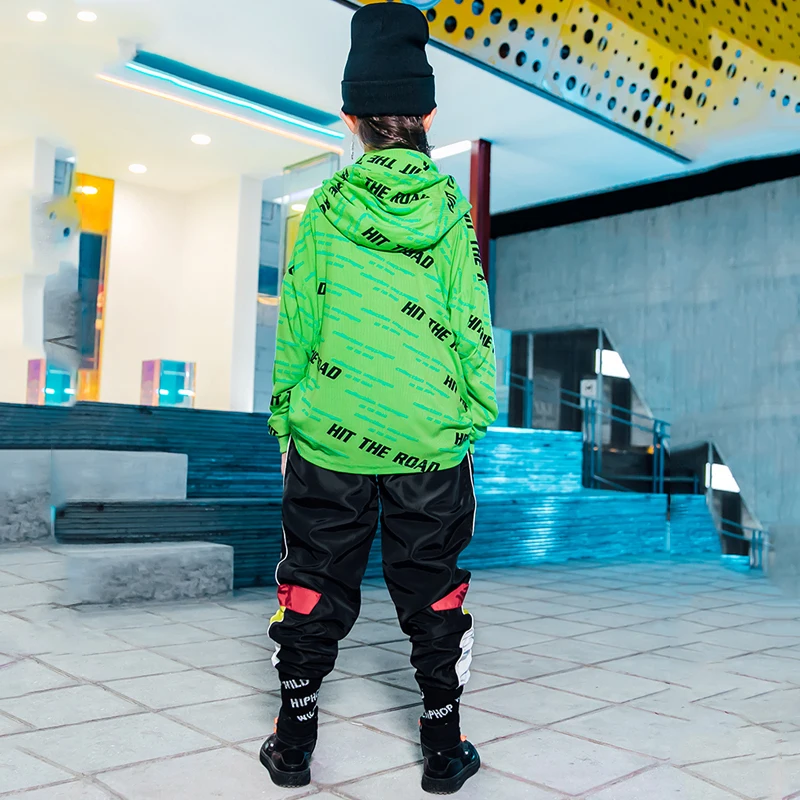 

Hip Hop Kids Dancing CostumeGreen Hoodies Black Dance Pant Chidren Street Dance Clothing Boy Girl Jazz Performance Wear BI334