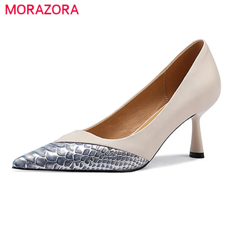 

MORAZORA 2022 New Arrive Pumps Women Genuine Leather Shoes Mixed Colors Pointed Toe Slip On Spring Thin Heels Party Shoes Lady