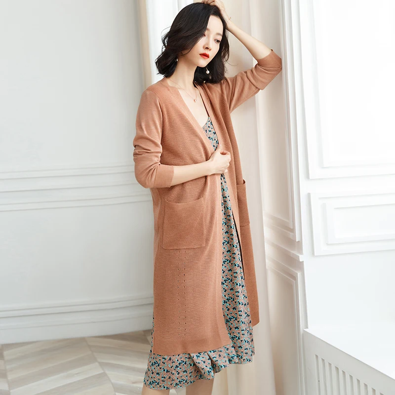 Женский тонкий вязаный льняной кардиган длинное пальто Тренч верхняя одежда с
