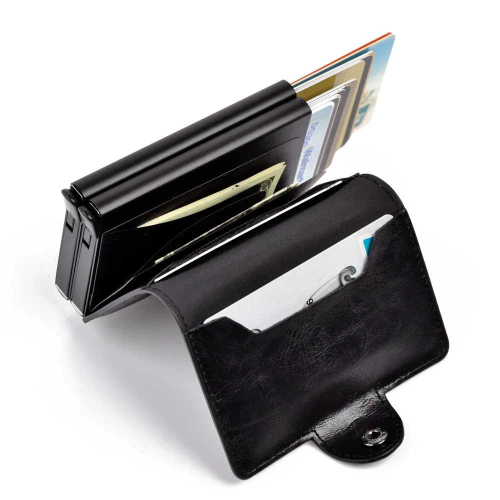 

Men Double Aluminum Leather Credit Card Holder RFID Metal Wallet Automatic Pop Up Anti-theft Women Purse Business ID Cardholder
