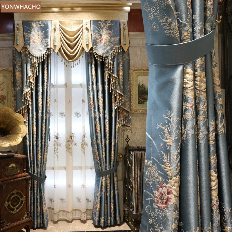 

Custom curtains luxury American thick jacquard cloth living room study blue cloth blackout curtain tulle valance drape B658