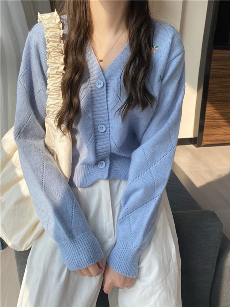 

Spring 2021 New Short Embroidery V-neck Long-sleeved Top Slim Knit Sweater Cardigan Jacket Sweater Oversized Cardigan