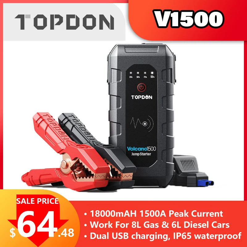 Автомобильное пусковое устройство Topdon V1500, пусковое устройство, аккумулятор, внешний аккумулятор 1500 А, автомобильное пусковое устройство, аварийный бустер, автомобильное зарядное устройство - изображение