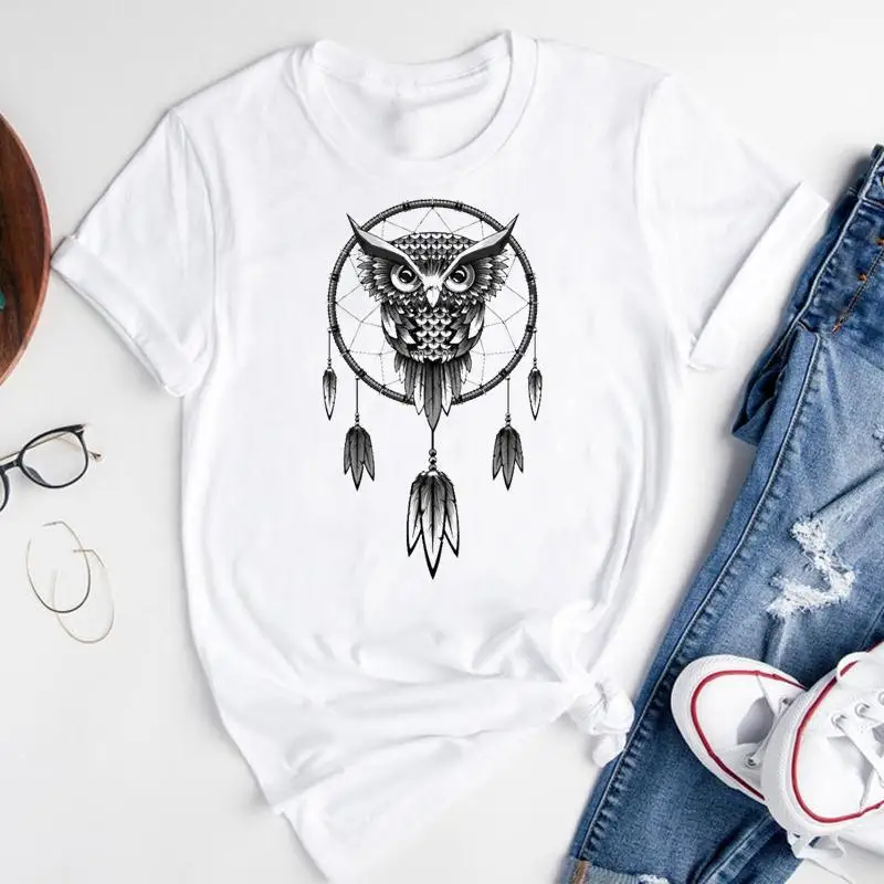 

Women Graphic Cartoon Owl Cute 2021 Feather 90s Short Sleeve Summer Fashion Print Female Clothes Tops Tees Tshirt T-Shirt