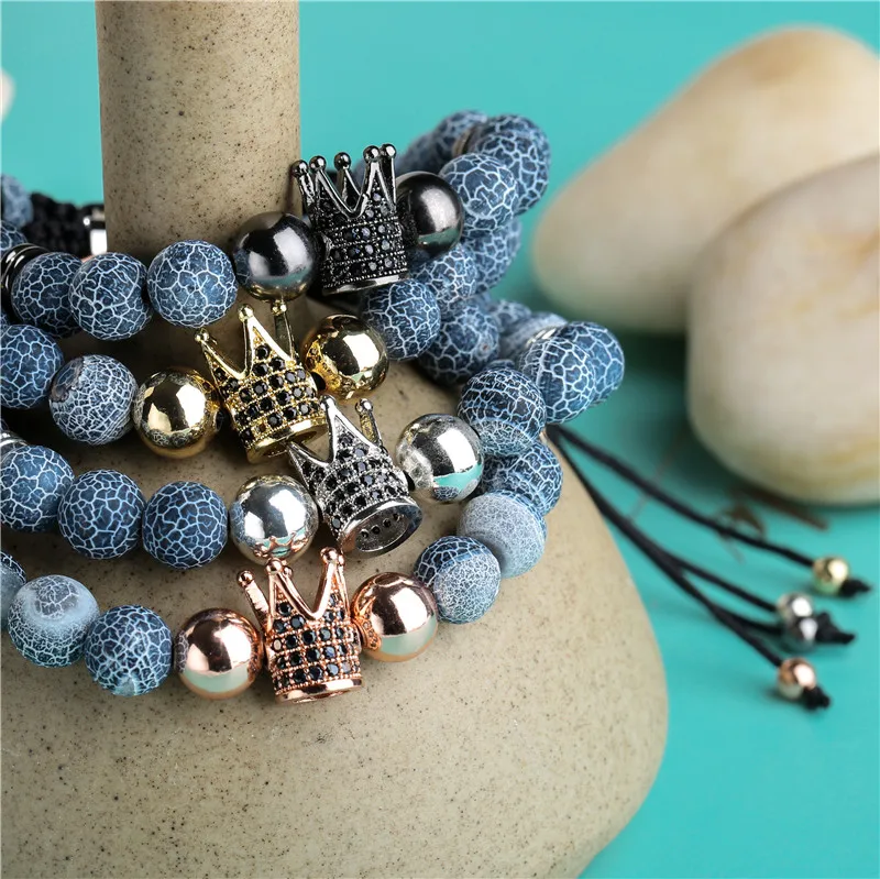 

Luxury CZ Crown Charm Copper Bead Braiding Macrame Bracelets Men Women Handmade Natural Stone Bracelets For Women
