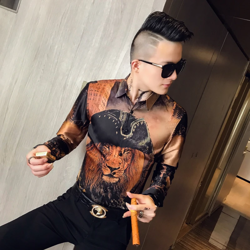 Мужская рубашка с головой льва, DJ Singer Camisa Homem Prom Camisa Masculina, Роскошная золотая рубашка с принтом животных, мужская рубашка с длинными рукавами, вечерние Клубные