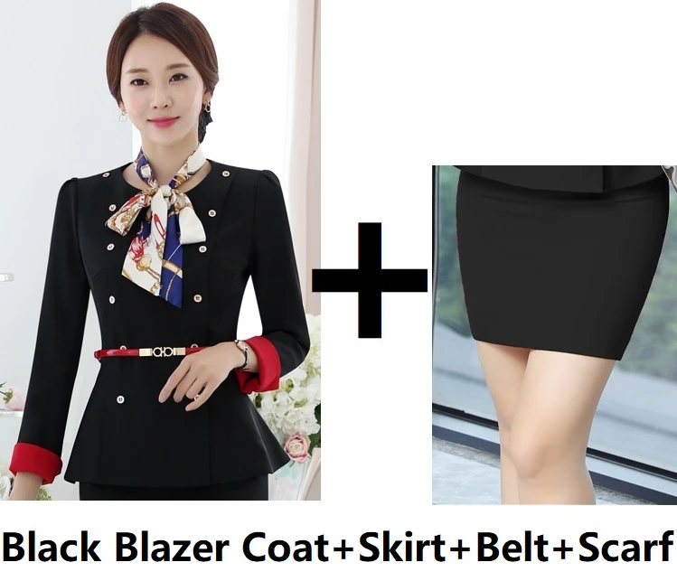 Black Skirt Suits Модные костюмы в едином стиле, брючные костюмы с пиджаком и штанами для женщин, женские брючные костюмы, блейзеры, комплекты с шарфом и поясом - Цвет: Black Skirt Suits