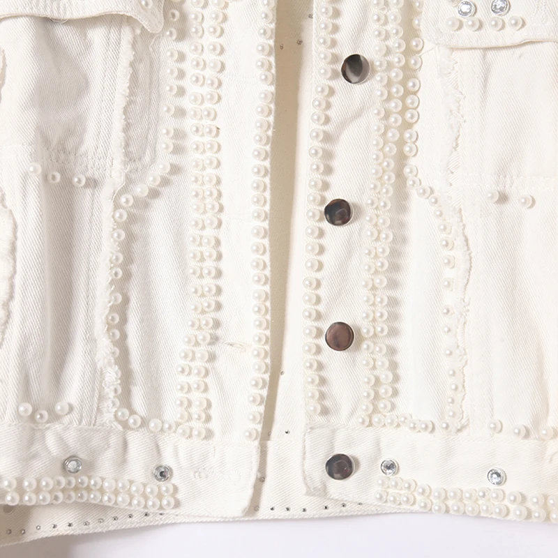

Fashion Streetwear Rivet Beading Denim Jacket Women Autumn White Korean Casual Ladies Loose Jeans Coat Top