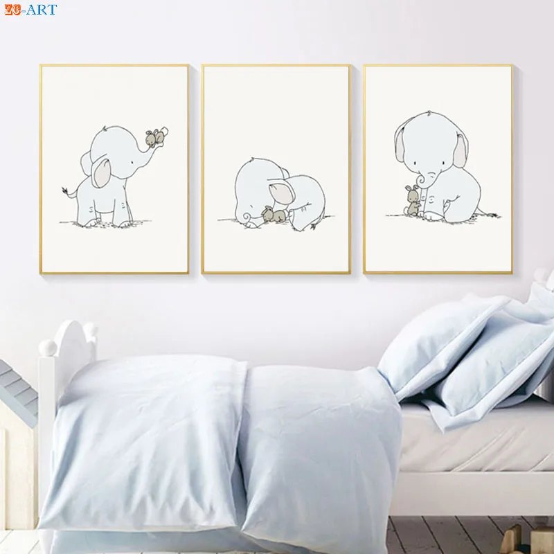 Детский постер с животными и слонами кроликами мультяшный холст рисунком для