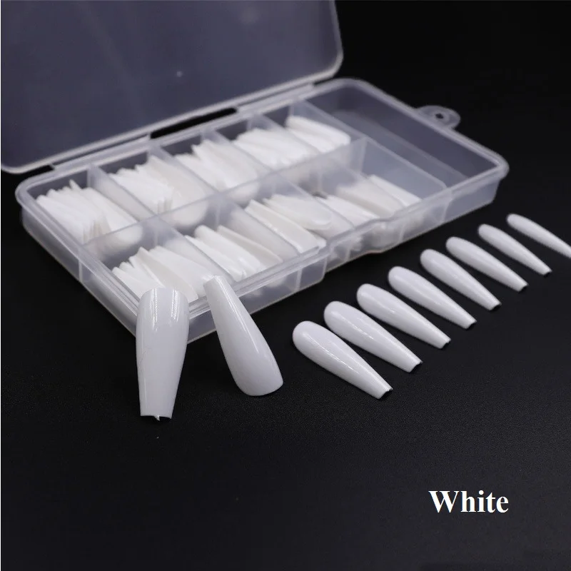 100pcs White 100 шт./кор. гроб ногти Ложные Длинные балерины поддельные ногти прозрачный натуральный наращивание ногтей Акриловые ногти советы полное покрытие маникюрный Лот - Цвет: 100pcs White
