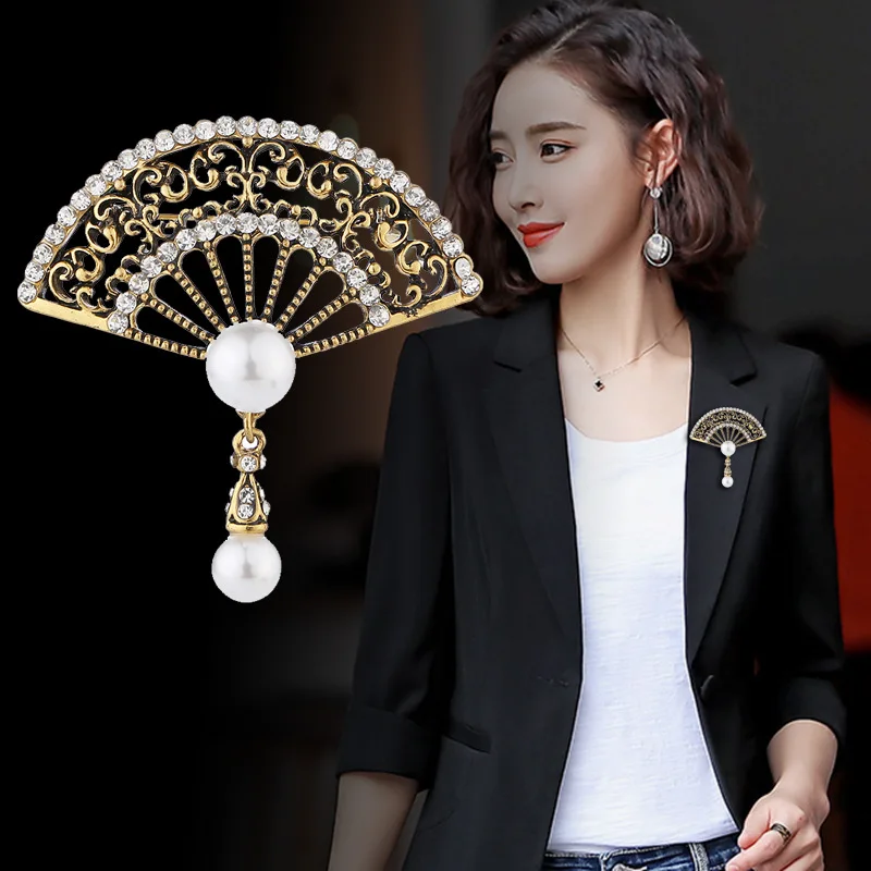 Новинка ретро Хрустальная брошь в виде веера жемчужная кисточка булавка на