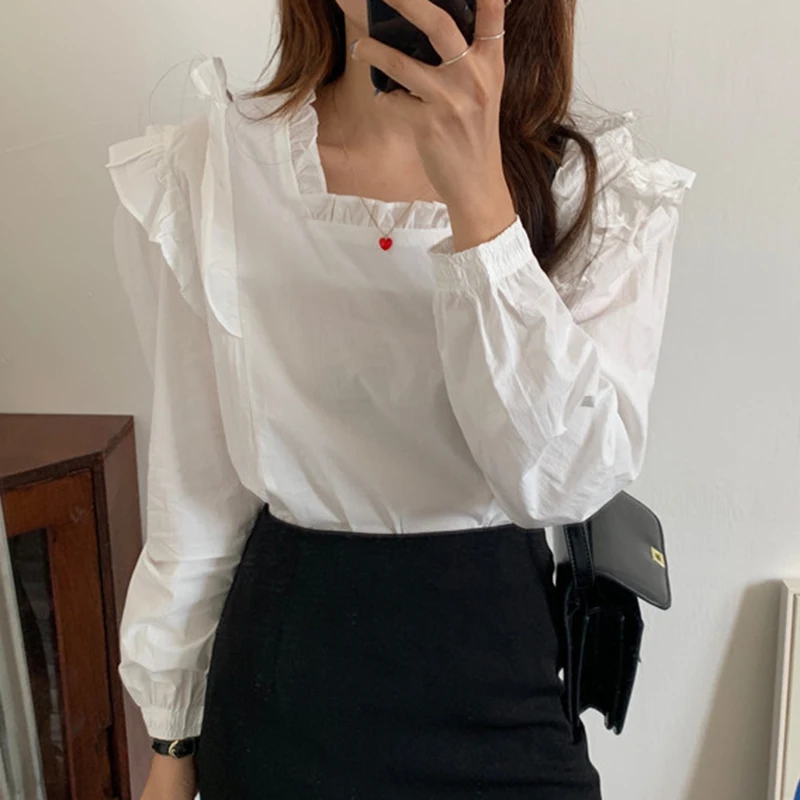 Осенние футболки с длинными рукавами и оборками рубашка в ретро стиле Женская