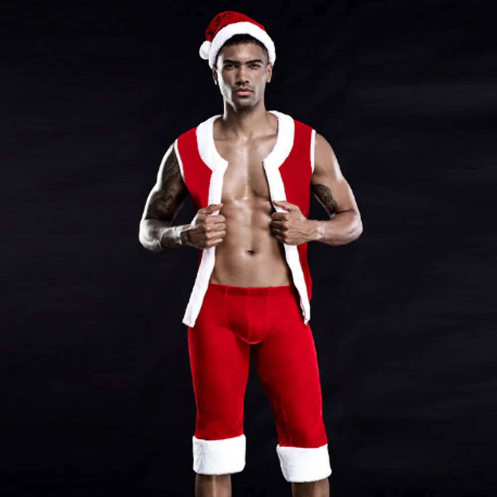 

2021 Рождественский костюм для косплея, мужской сексуальный костюм Санта-Клауса, косплей, ночной клуб, забавная жилетка, шорты, шапка, комплек...