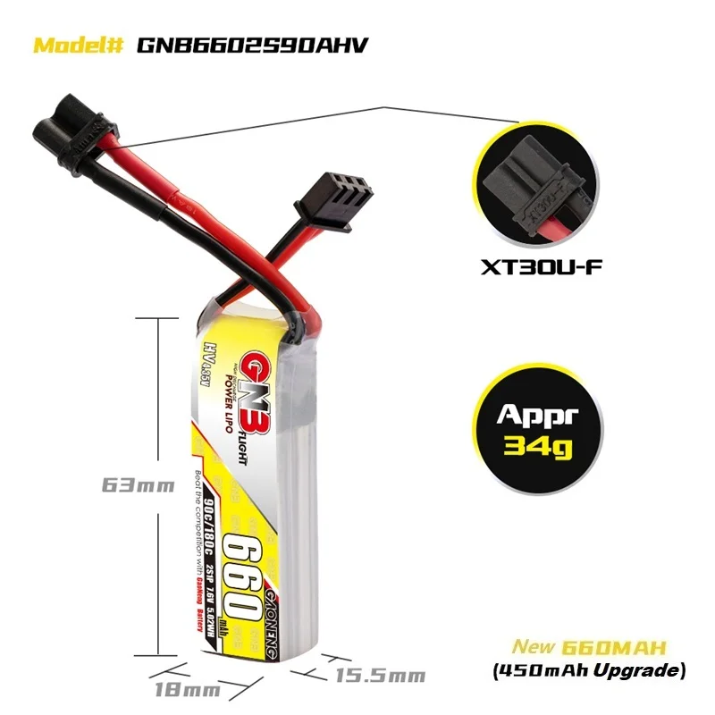 Bater&iacute;a Lipo con enchufe de XT30U-F para Dron de carreras, pila de 660mAh, 7,6 V, 90C/180C, HV, GNB 2S, Happymodel, FPV, Cine, BetaFPV, RC-1