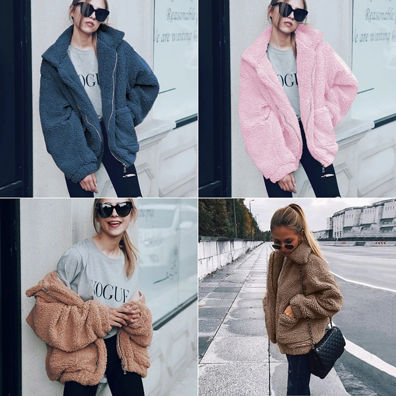 

Teddy Coat Women Fluffy Jacket Autumn Zipper Plush Thick Casual Plus Size Lamb Winter Faux Fur Coat Female Overcoat Knitted Full