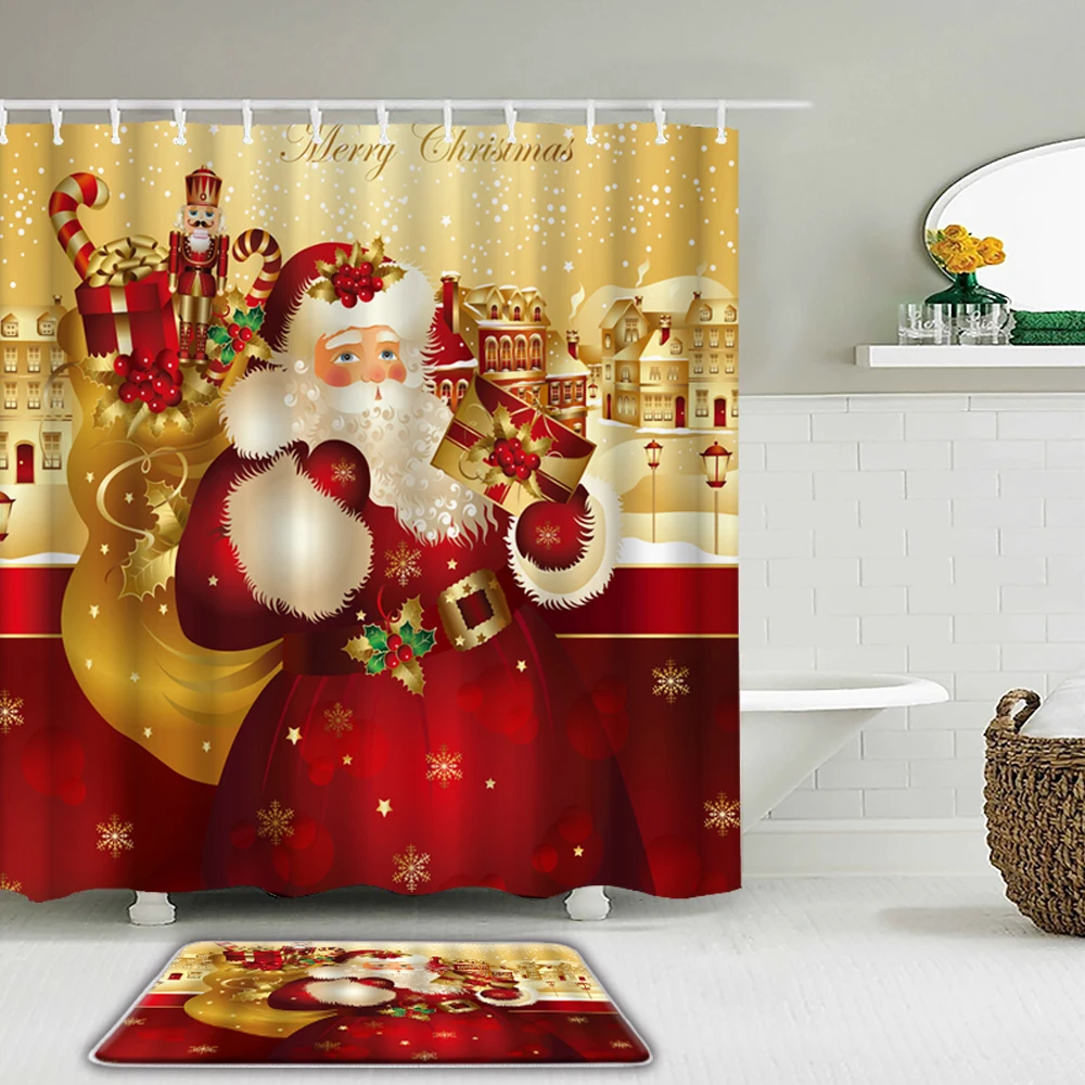 

Merry Christmas Shower Curtain Polyester Waterproof Bathroom Curtain With Non-slip Bath Mat Carpet Rugs Set Xmas Shower Curtains