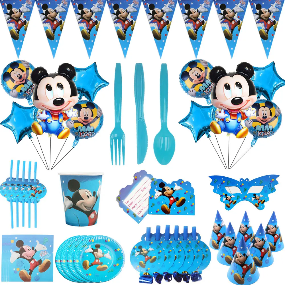 

New Blue Mickey Mouse Themed Disposable Tableware Cup Plate Ballon For Decoration Supplies Birthday Party Children's Day Decor