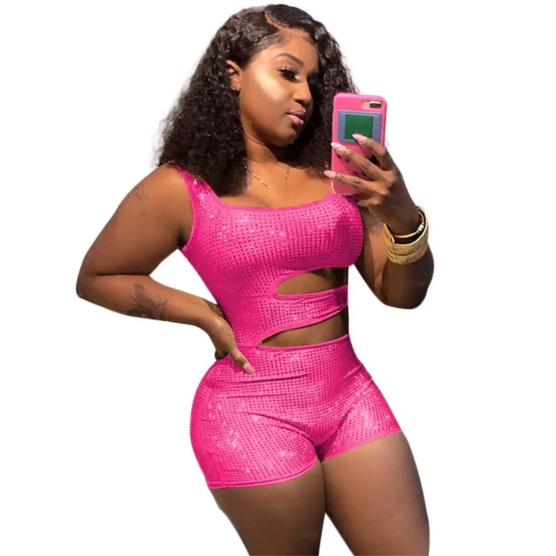 Бриллиантовыми стразами пикантные Стразы комбинезон Для женщин Bodycon комбинезон летний Повседневное без рукавов, майка, топ, жилет облегающие Клубные вечерние комбинезоны для девочек