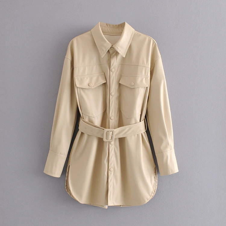 

European and American women's Spring New Retro temperament Lapel shirt button medium and long imitation leather coat