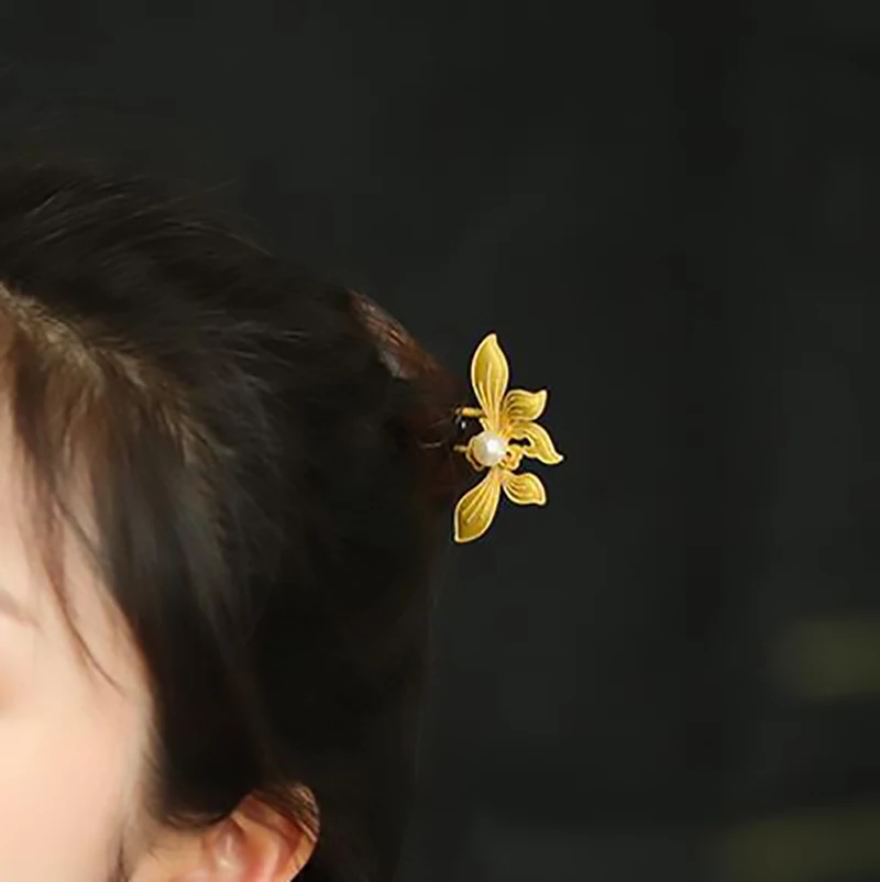

Art antique inlaid pearl gold orchid long hair hairpin classical temperament ladies jewelry Hanfu silver accessories