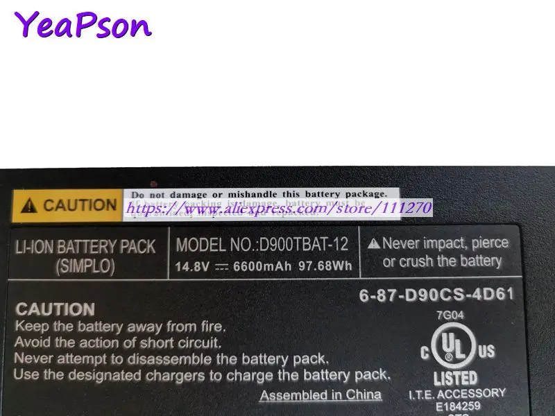 Аккумулятор Yeapson D900TBAT-12 6-87-D90CS-4D61 14 8 в 6600 мАч 97.68 Втч для Clevo PortaNote D900 D900T D900K серии 9800 |
