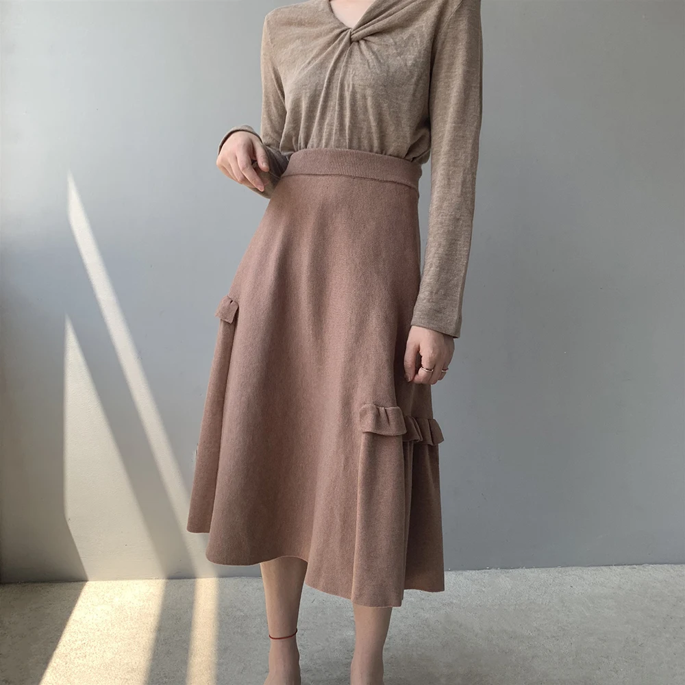 Шерхуре Высокая талия Шерсть Вязанная женская зимняя трапециевидная юбка миди винтажная Женская Осенняя юбка с оборками Faldas Jupe Femme Saia