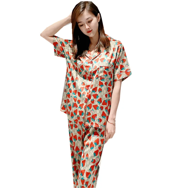 Summer Pajamas Women's Ice Thin Loose Comfortable Home Wear Fashion Short Sleeve Trousers Nightwear Suit Sleepwear Letter