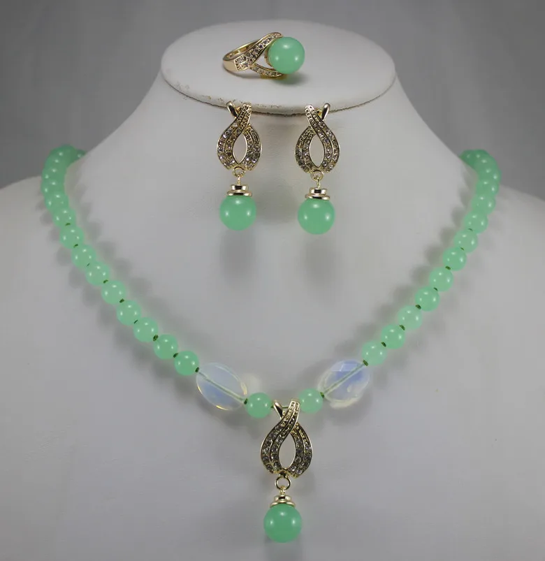 

Wholesale/retail factory price Women's semi-precious stones green jade Necklace earring ring(#7.8.9) set