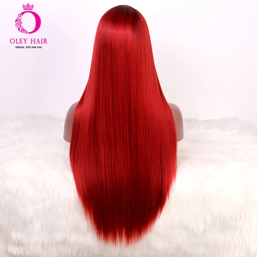 Long Straight Ombre Red Wig Glueless Synthetic Lace Front Heat Resistant Braided Cosplay Wigs For Black Women OLEY | Шиньоны и парики