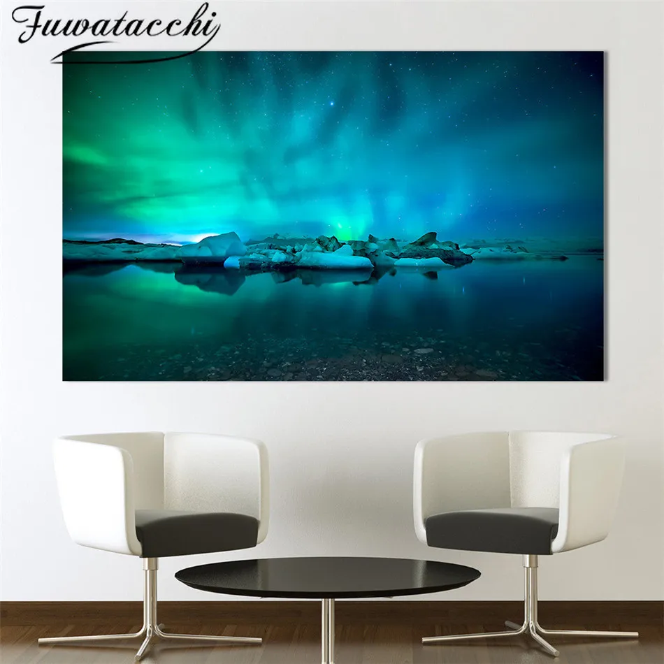 Картина маслом на синем речке Fuwatacchi Aurora Borealis настенные художественные плакаты с