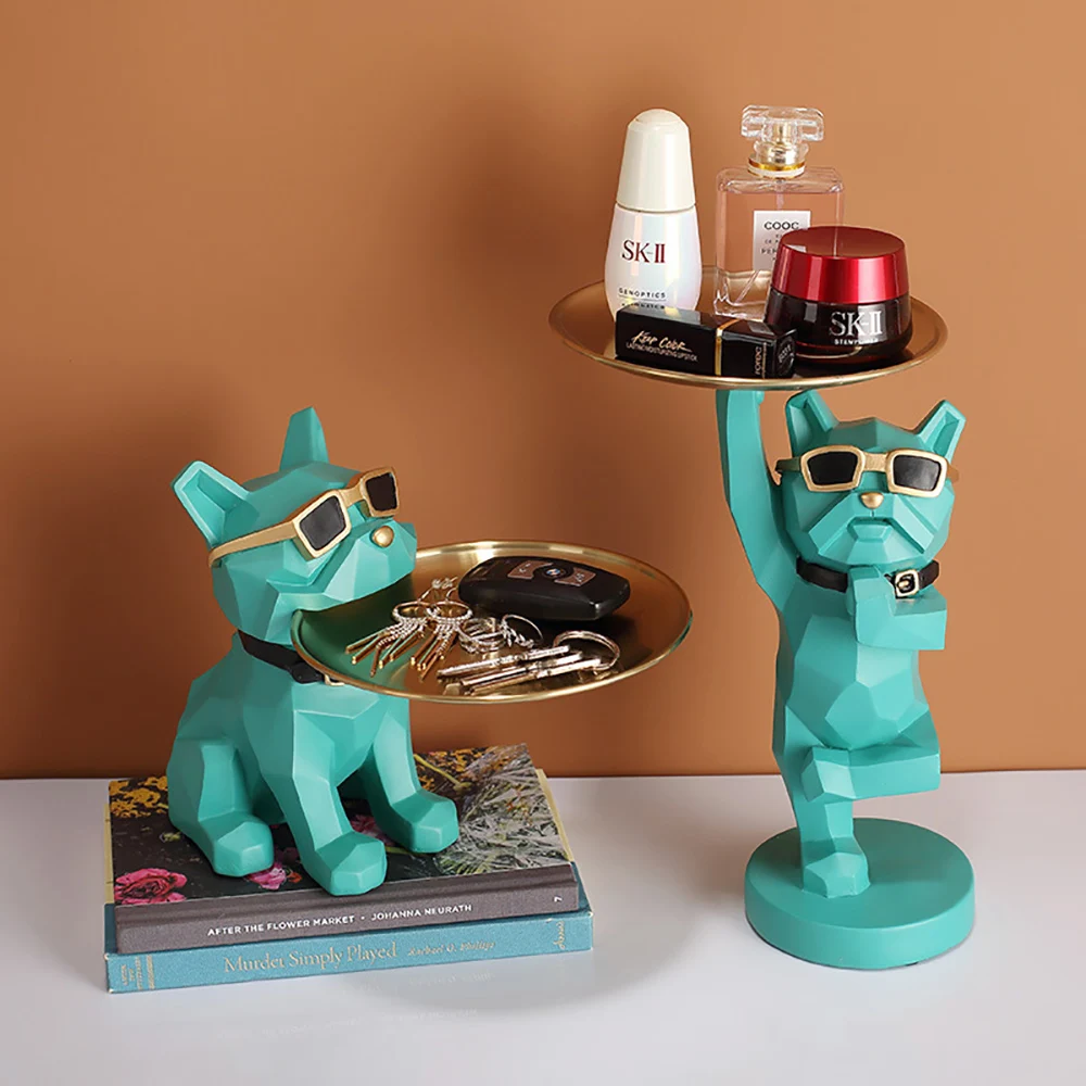 

Light luxury French fighting dog standing posture creative key storage tray desktop decoration living room home tray decoration