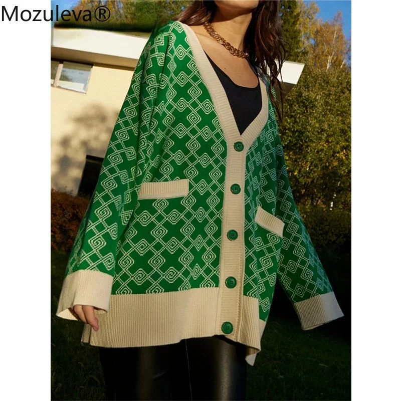 Женский клетчатый кардиган оверсайз с длинным рукавом и V-образным вырезом |