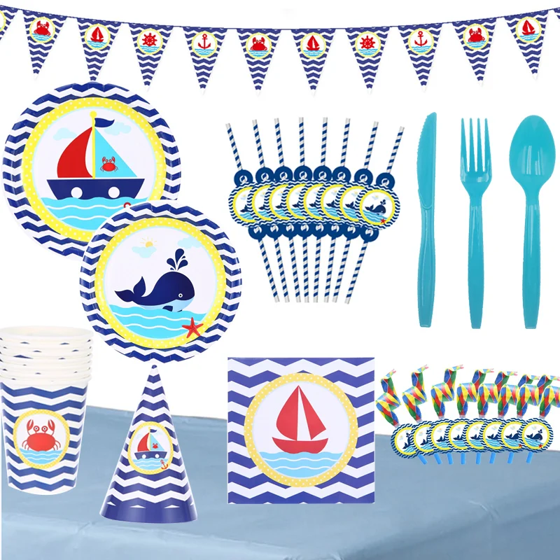 

Nautical Theme Disposable Tableware Shark Crab Paper Plate Cup Napkin for Kids Birthday Party Decor Steamship Balloon Supplies