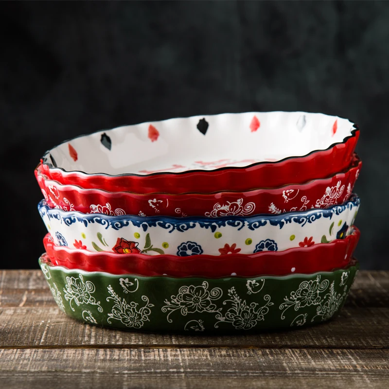 

10 Inch Ceramic Bake Pan Hand Drawn Under Glaze Non Stick Pizza Salad Vegetable Deep Plate Bake Tools Butterfly Love Pattern