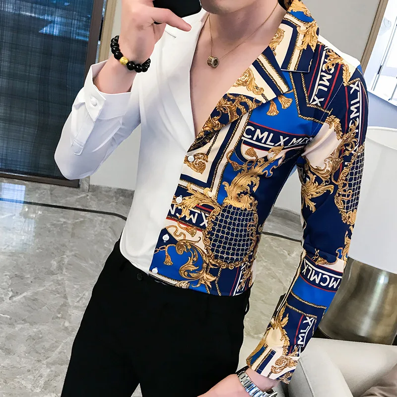 

British Wind Men's Shirt Printed Lapel Printed Single Breasted Breathable Personality Fashion Novelty Male Clothes