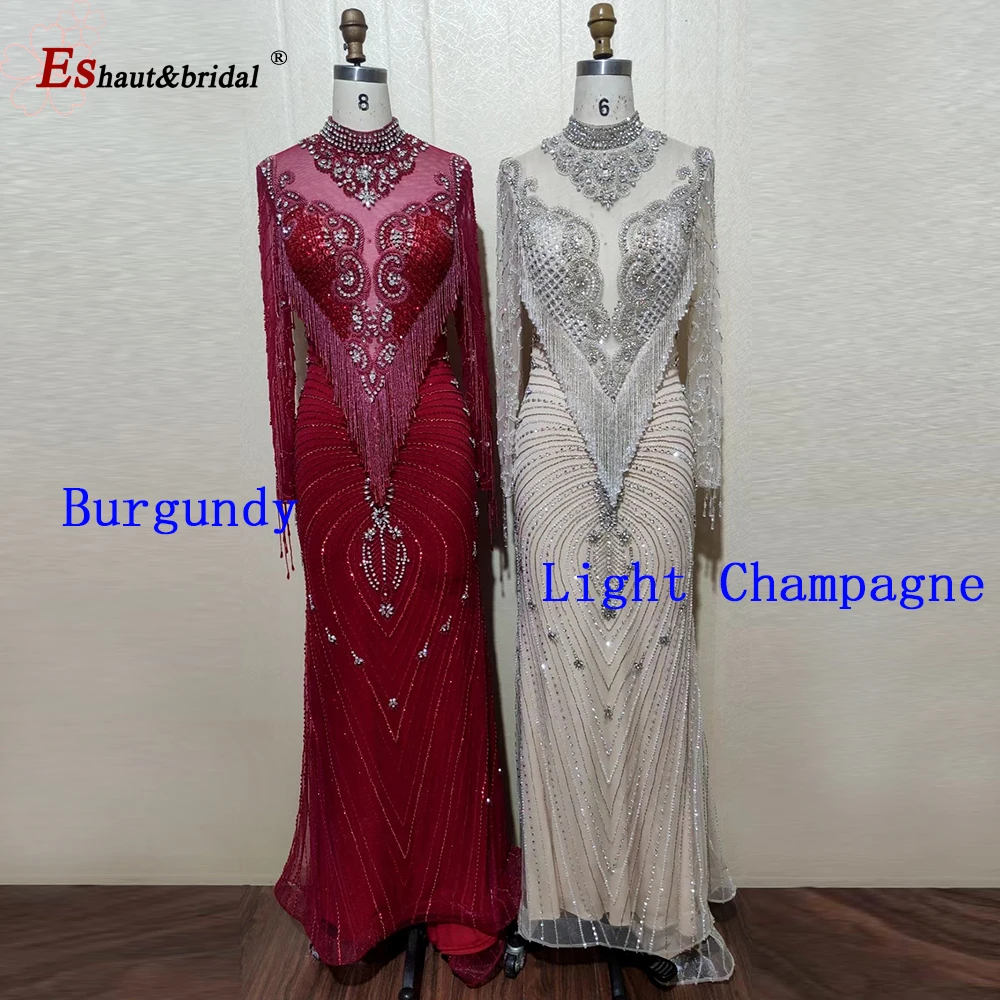 Дубай бисером кисточкой роскошное сексуальное высоким воротом вечернее платье