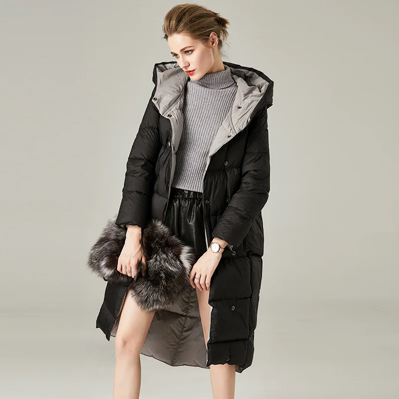 Women's Loose Down Jacket Hooded Double-Breasted White Duck Down Ultra Long Warm Puffer Jacket Down Parka Female Outerwear