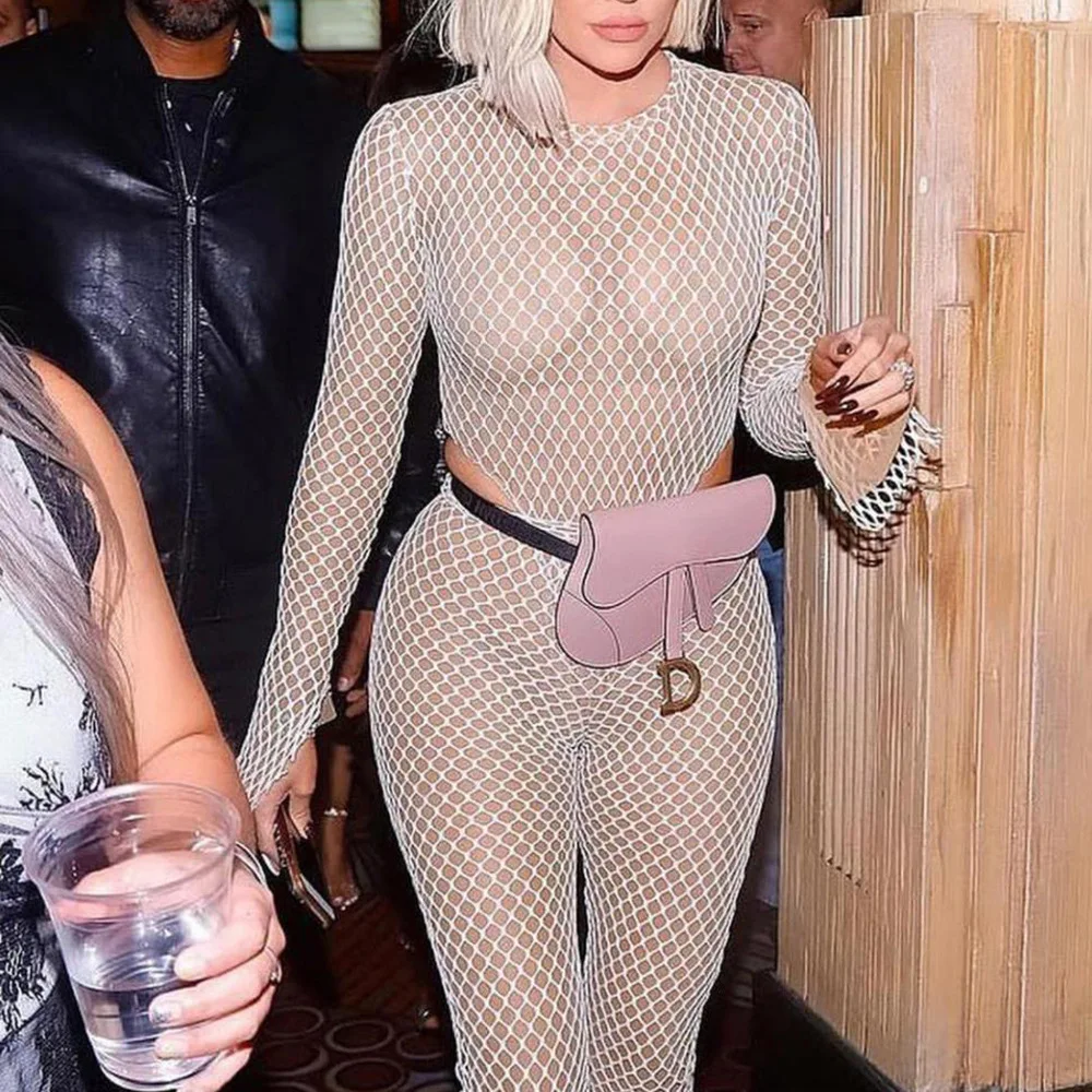 Осенний женский ажурный сексуальный комбинезон с сеткой белый длинный рукав