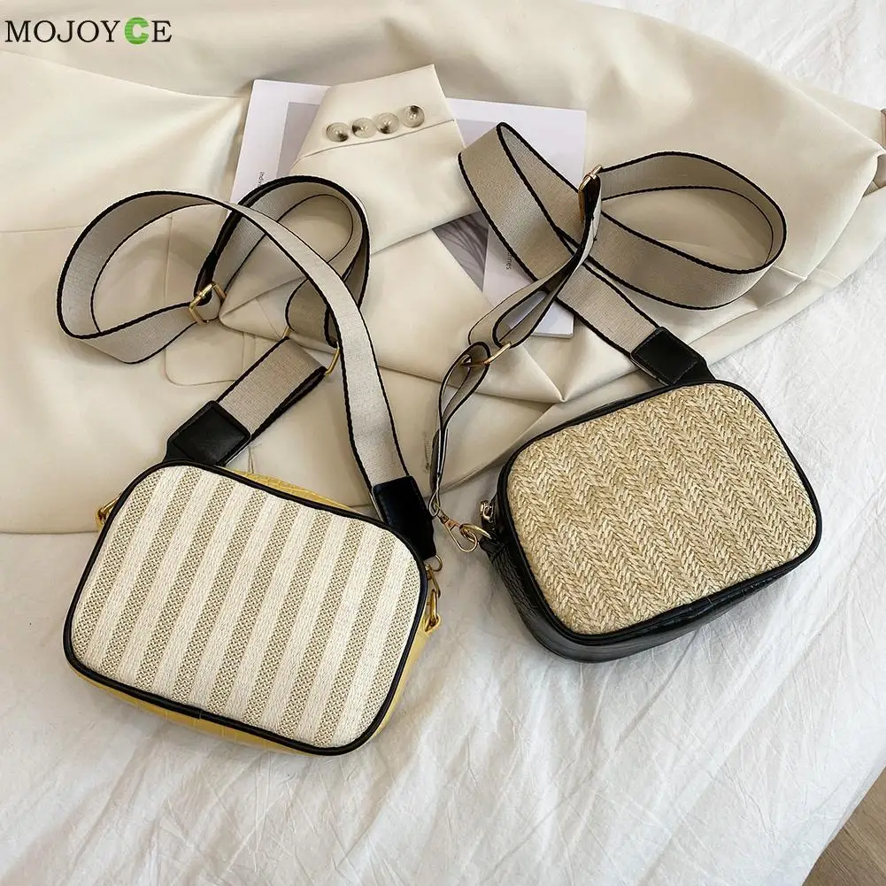 

Women Summer Beach Phone Bags Contrast Color Woven Straw PU Shoulder Crossbody Messenger Bag Ladies Handbags Streetwear