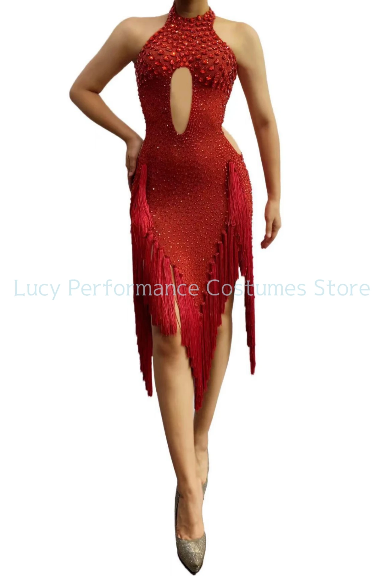 

Nightclub bar DJ singer DS dance gogo party tassel sexy red festive model walk show Costume